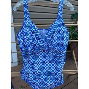 Lands' End Women's Size 16 Blue White Print Tummy Control Ruched Swimwear Top